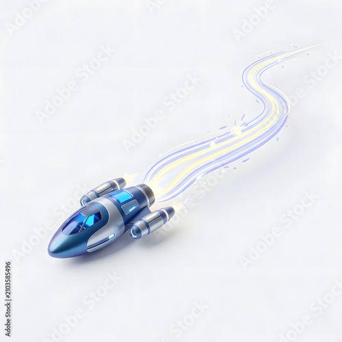 Sleek Futuristic Spaceship Soaring with Energetic Light Trail on Isolated White for Digital Technology and Innovation Concept