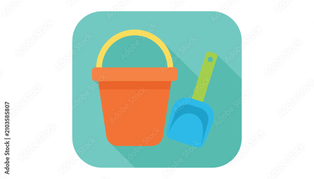 Obraz premium Orange toy sand bucket and blue shovel icon represents beach play and summer fun on a turquoise rounded square background.
