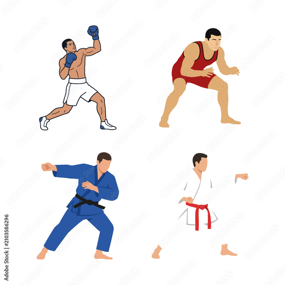 Obraz premium Collection of Martial Arts and Combat Sports Athletes Performing Various Fighting Techniques and Disciplines