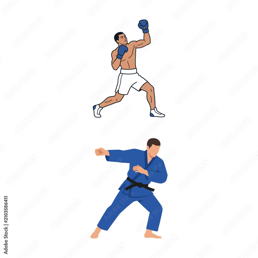 Obraz premium Two Professional Martial Arts Athletes Performing Combat Sport Techniques And Fighting Poses Illustration