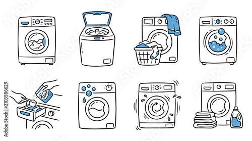 Collection of washing machine icons and usage illustrations
