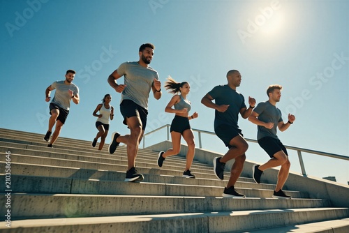 Group of diverse young athletes run up urban stairs together during morning cardio training. Active men, women wear sportswear perform fitness routine for body health. Friends exercise outside on
