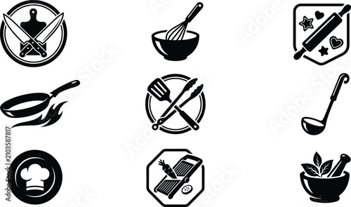 Cuadro en lienzo Kitchen utensils cooking tools culinary bakery and restaurant chef logo solid gl