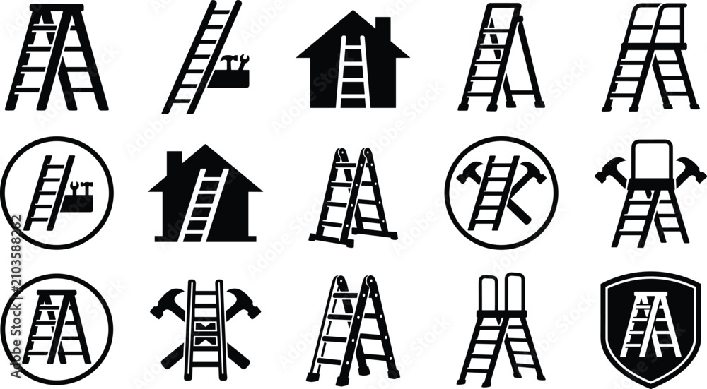 Fototapeta premium Ladder home repair construction service handyman and house renovation solid glyph vector icon set on white