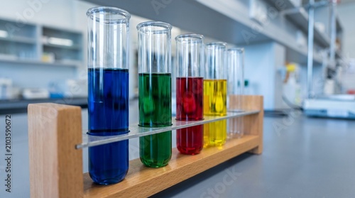 Colorful test tubes in a rack laboratory