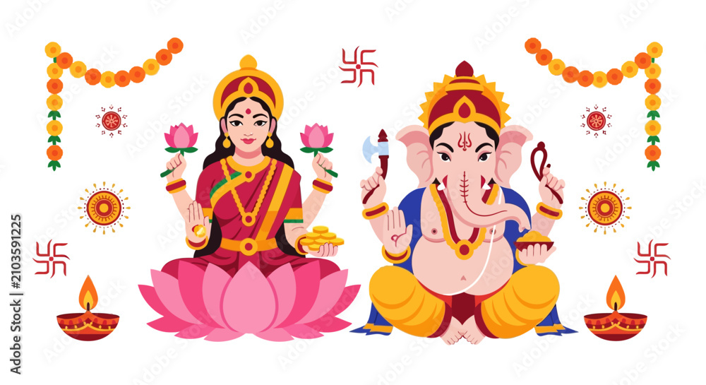Fototapeta premium Vibrant illustration of Hindu deities Lakshmi and Ganesha with traditional Diwali decorations, symbolizing prosperity and wisdom.