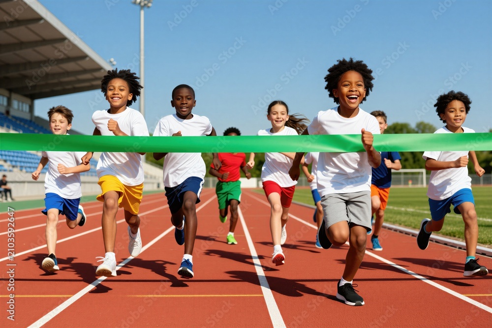 Fototapeta premium Diverse happy school children run fast on athletic stadium track. Young boys, girls sprint towards finish line breaking green ribbon. Joyful kids compete in outdoor race event. Smiling athletes reach