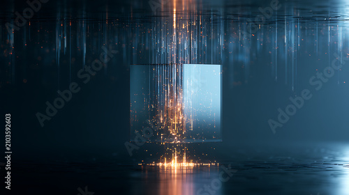 A futuristic quantum computer with glowing qubits floating in a dark room