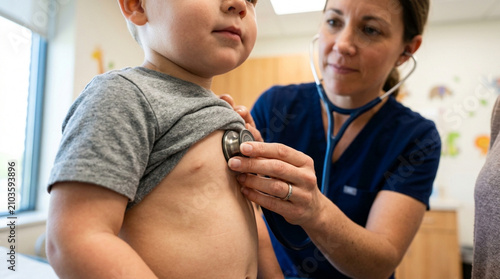 Pediatrician examines child's chest with stethoscope in medical clinic