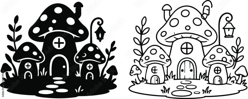 Obraz premium Cute mushroom house with door and windows in a forest