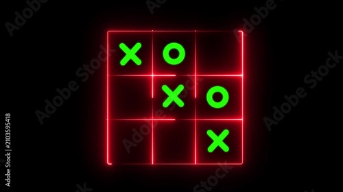 Glowing Neon Tic-Tac-Toe Grid Layout: Abstract Futuristic Green X and O Crosses Noughts Symbol, Cyberpunk Interface Logic Puzzle, and Creative Gaming Board Overlay Element for Video.