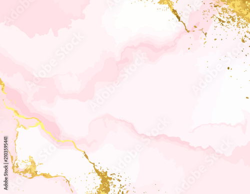Abstract pink and gold marbled background texture.