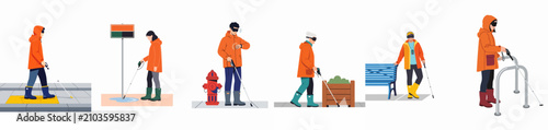 Set of flat vector illustrations depicting visually impaired people using white canes and assistive technology to navigate urban environments.
