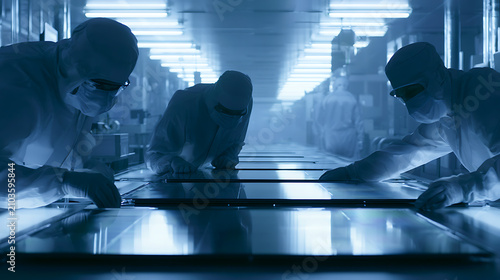 Engineers in cleanroom suits inspecting silicon wafers under bright factory lights (2)