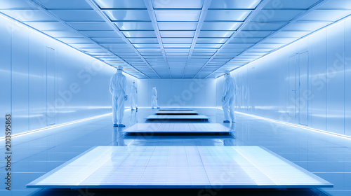 Engineers in cleanroom suits inspecting silicon wafers under bright factory lights (3)