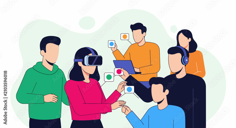 Obraz premium Professional team using virtual reality headsets for digital workplace training simulation in a modern metaverse