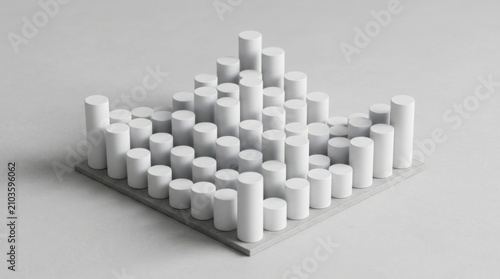 White cylinders on gray background. Abstract 3D geometric shapes forming a data chart.