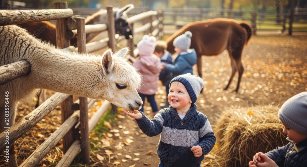 Fototapeta premium Child Feeding Llama at Farm with Family.