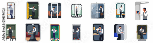 Foto Flat illustrations of a businessman using various acoustic office pods and soundproof phone booths for private calls and focused work in modern open-plan workspaces