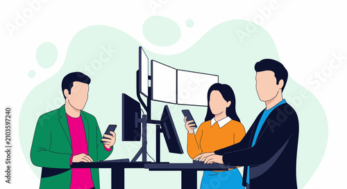 Professional team members work together at modern office desk using many screens plus mobile phones for high productivity multitasking