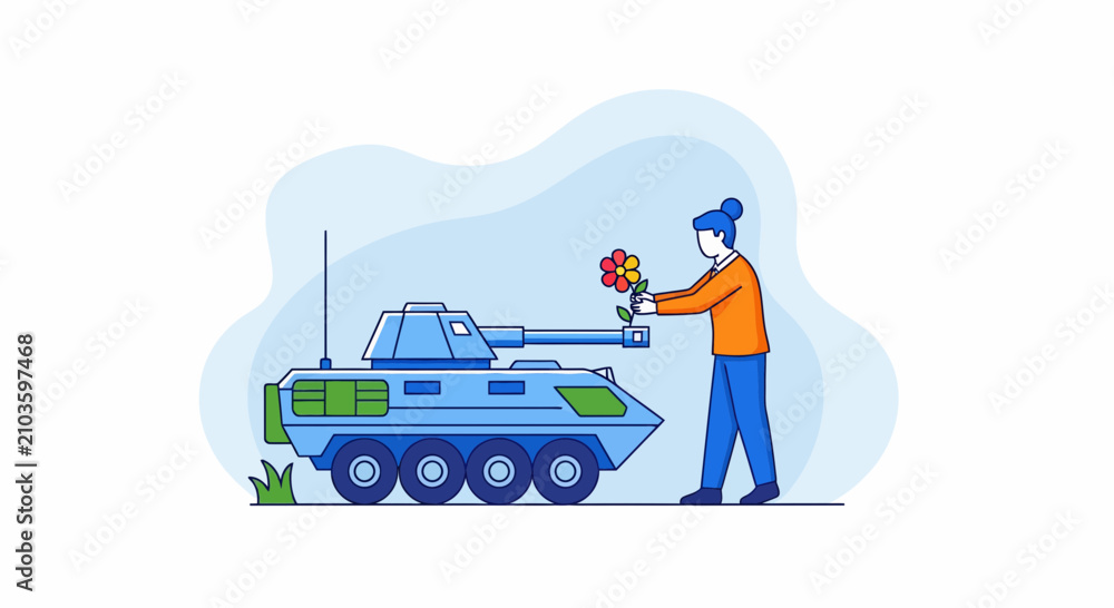 Naklejka premium Peaceful girl puts a flower in tank to stop war and ask for world love