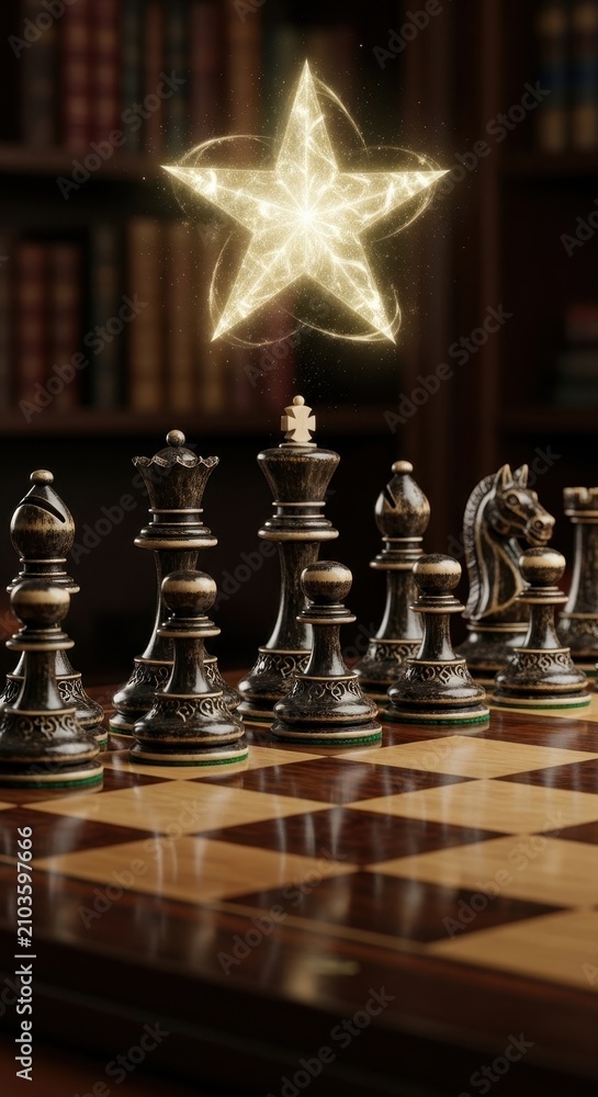 Fototapeta premium Chessboard with glowing star and vintage books background.