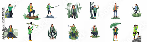 Fotografie Flat vector illustrations of a female wildlife biologist and field researcher using various recording equipment and technology in diverse natural environments