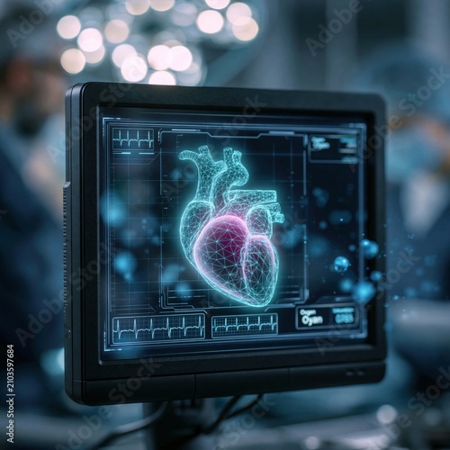 Advanced clinical medical monitor displaying glowing hologram heart in modern hospital operating room background copy space