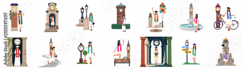 Tableau sur toile Set of flat vector illustrations featuring female graduates in academic regalia posing near clock towers and campus landmarks to celebrate their graduation day