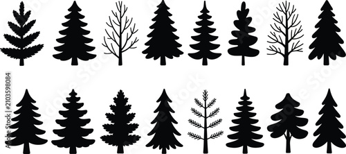Cuadro en lienzo Conifer pine tree silhouette set for forest nature landscape design elements and