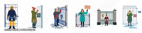 A collection of flat vector illustrations depicting activists protesting for public water rights and social justice in cold winter weather, chained to various gates.