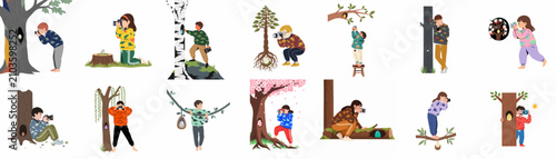 Bild auf Leinwand A collection of 12 illustrations featuring kids and teens using cameras to photograph birds, nests, and eggs in a natural environment