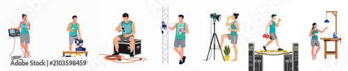 Photos Set of flat vector production crew characters taking a break with healthy drinks while working with lighting, sound, and stage equipment