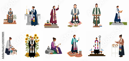 Quadro em tela Diverse collection of female pastors and priests performing various religious ceremonies and rituals in a flat illustration style with inclusive themes
