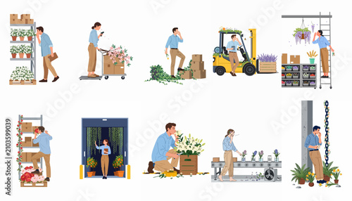 Photos Collection of illustrations depicting workers suffering from hay fever and pollen allergies while handling flowers and plants in a warehouse or distribution center