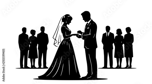Foto Bride groom exchanging wedding ring silhouette