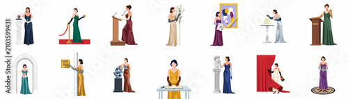 Canvastavla Collection of flat illustrations showing elegant women in evening gowns participating in various museum gala activities and cultural art exhibition events