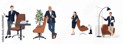 Flat illustration set of diverse business professionals in stylish office environments including male and female characters in corporate attire.