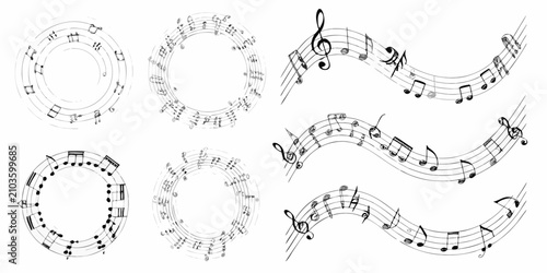 Foto musical notes on staffs in black and white line art music notation clef quavers