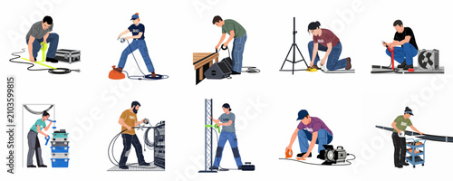 Fotografi Set of diverse stagehands and event technicians setting up professional sound, lighting, and cable systems using gaffer tape for production
