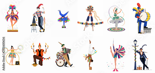 Foto Diverse Set of Colorful Street Performers and Carnival Characters Featuring Danc