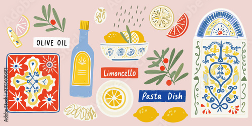 Bild auf Leinwand illustration of italian food ingredients and dishes on pink background olive oil