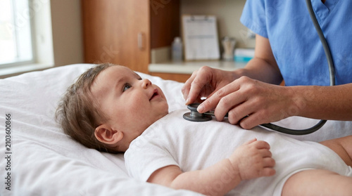 Pediatrician examining baby with stethoscope during medical checkup