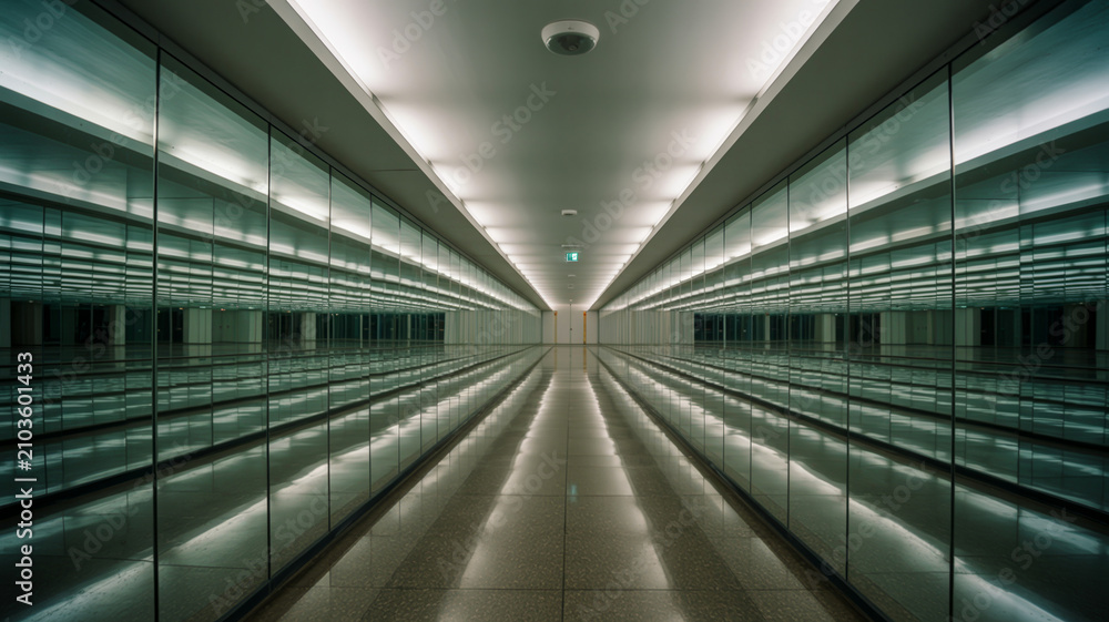 Fototapeta premium Sleek mirrored hallway with endless perspective and modern lighting