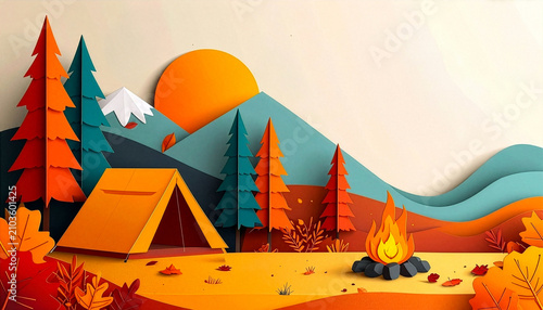 Paper cut autumn camping landscape banner with tent, campfire, sun and mountains, fall forest paper craft nature background with copy space