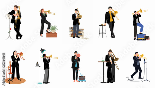 Bild auf Leinwand Set of diverse professional trombone players in various artistic poses and stylish outfits, featuring musical accessories in a clean flat vector illustration style