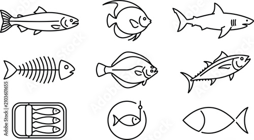 Set of line icons for commercial fishing seafood industry marine species and ocean wildlife symbols,
