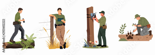 Konstfotografi Set of wildlife conservationists and park rangers performing various field tasks like animal tracking, monitoring with cameras, and patrolling nature