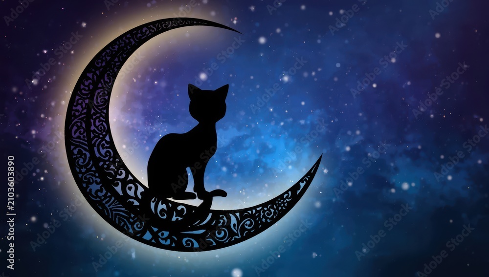 Fototapeta premium Synopsis of a whimsical story featuring a feline on the moon.