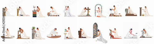 Foto Set of diverse vector illustrations showing a bride in a white wedding dress performing various religious, spiritual, and prayerful rituals on her wedding day